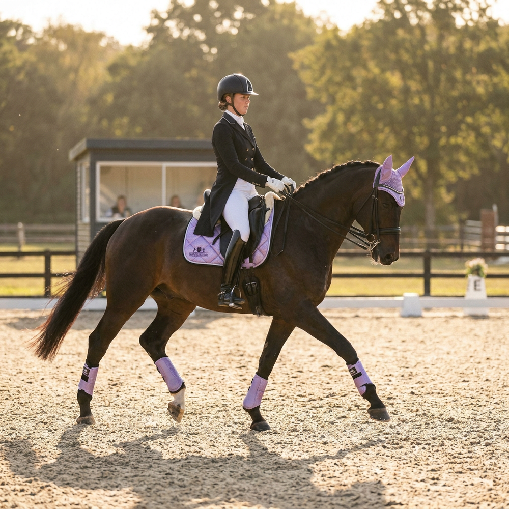 Ride in an arena riding bay horse