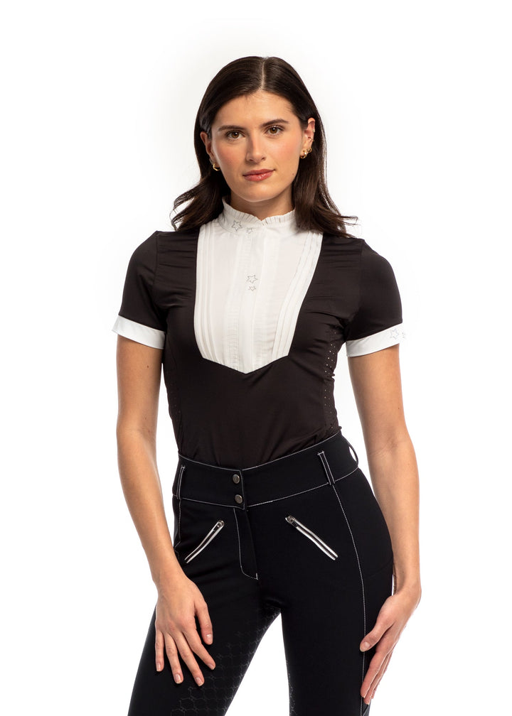 Short Sleeve Equestrian Show Shirt Black and White 5 Star