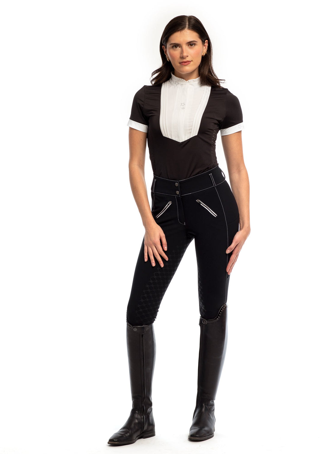 Short Sleeve Equestrian Show Shirt Black and White 5 Star
