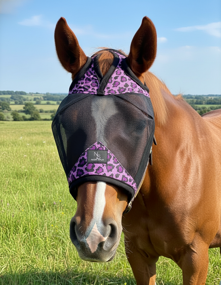 Catty Cowgirl Cheetah Print Horse Fly Mask - Open Ear Style