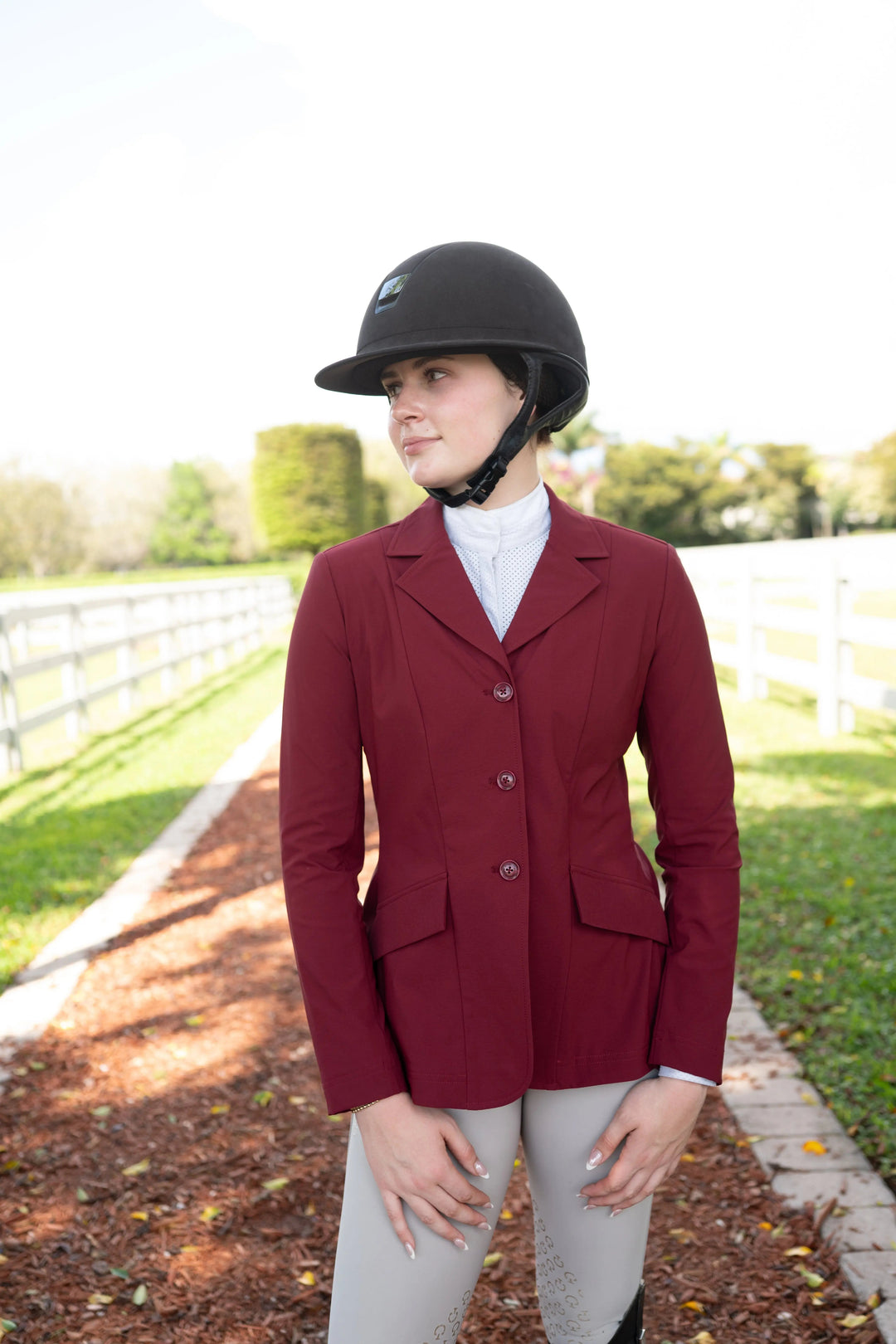 Ladies 3 Button Show Coat, NY Tech Fabric, Burgundy