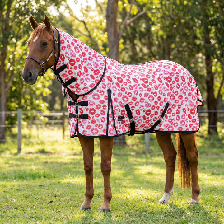 Premium Mesh Horse Fly Sheet w/ Removable Neck Cover Smooch Pink Pattern