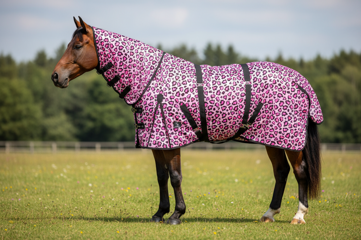 Catty Cowgirl Mid-Weight Fly Sheet - Pink Cheetah Print with Attached Neck & Belly Cover