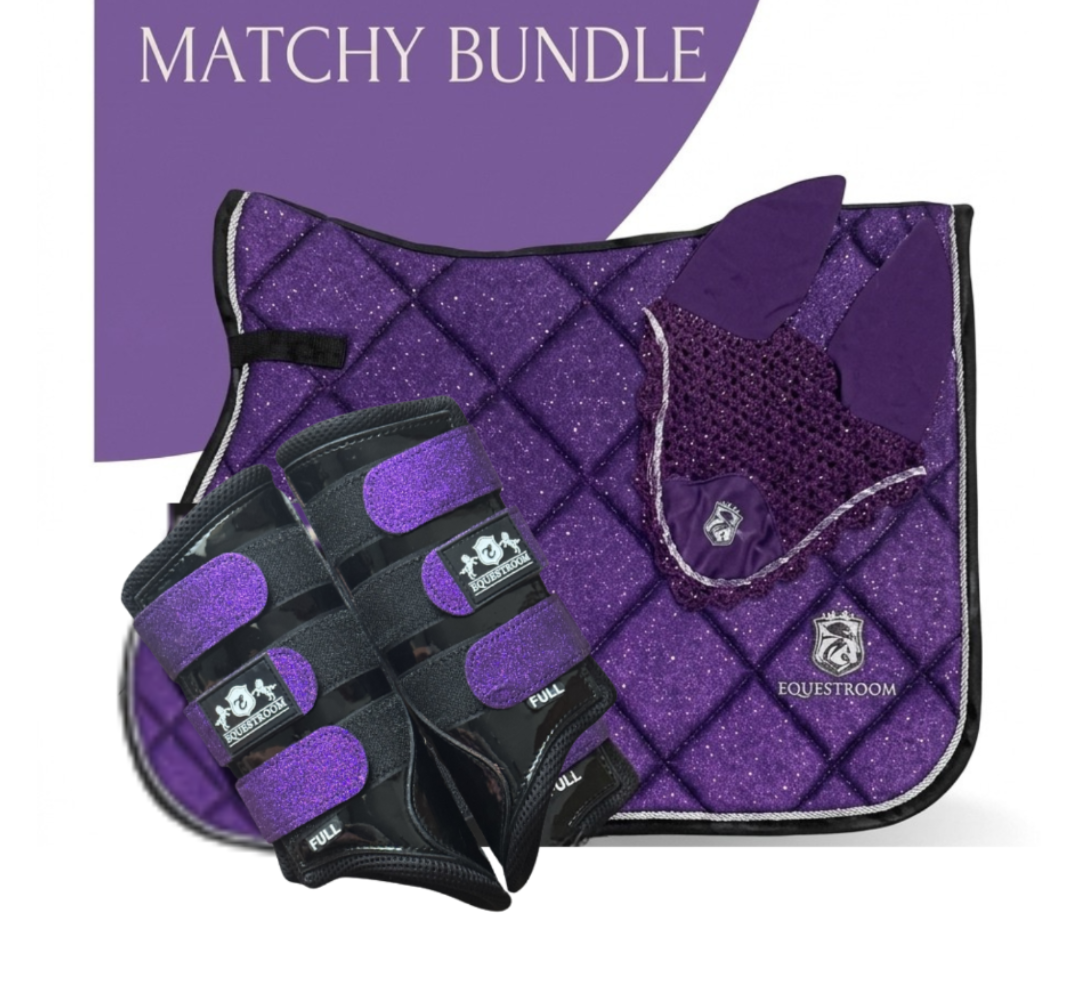 A purple and black equestrian matching bundle featuring a quilted saddle pad, a matching bridle pad, and protective boots, with a purple graphic overlay reading 'MATCHY BUNDLE'.